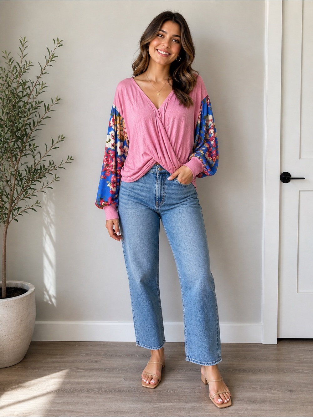 Umgee - Women's Pink Floral-Sleeve V-Neck Top